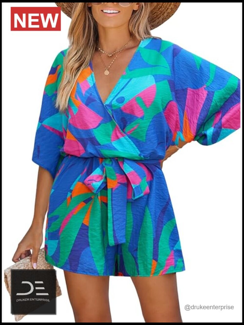 V Neck Loose Fit Mini Romper Jumpsuit Half Sleeve Resort Wear